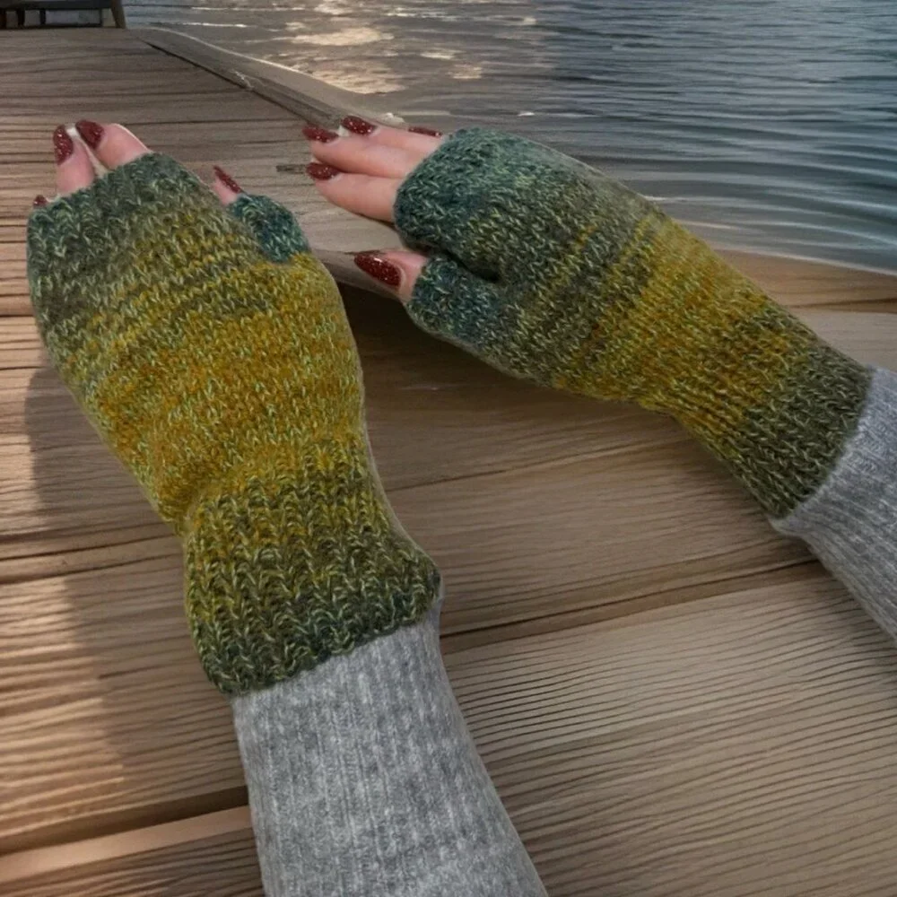 Handmade Women's Wool Blend Green Colorful Knit Fingerless Soft Mittens Gloves